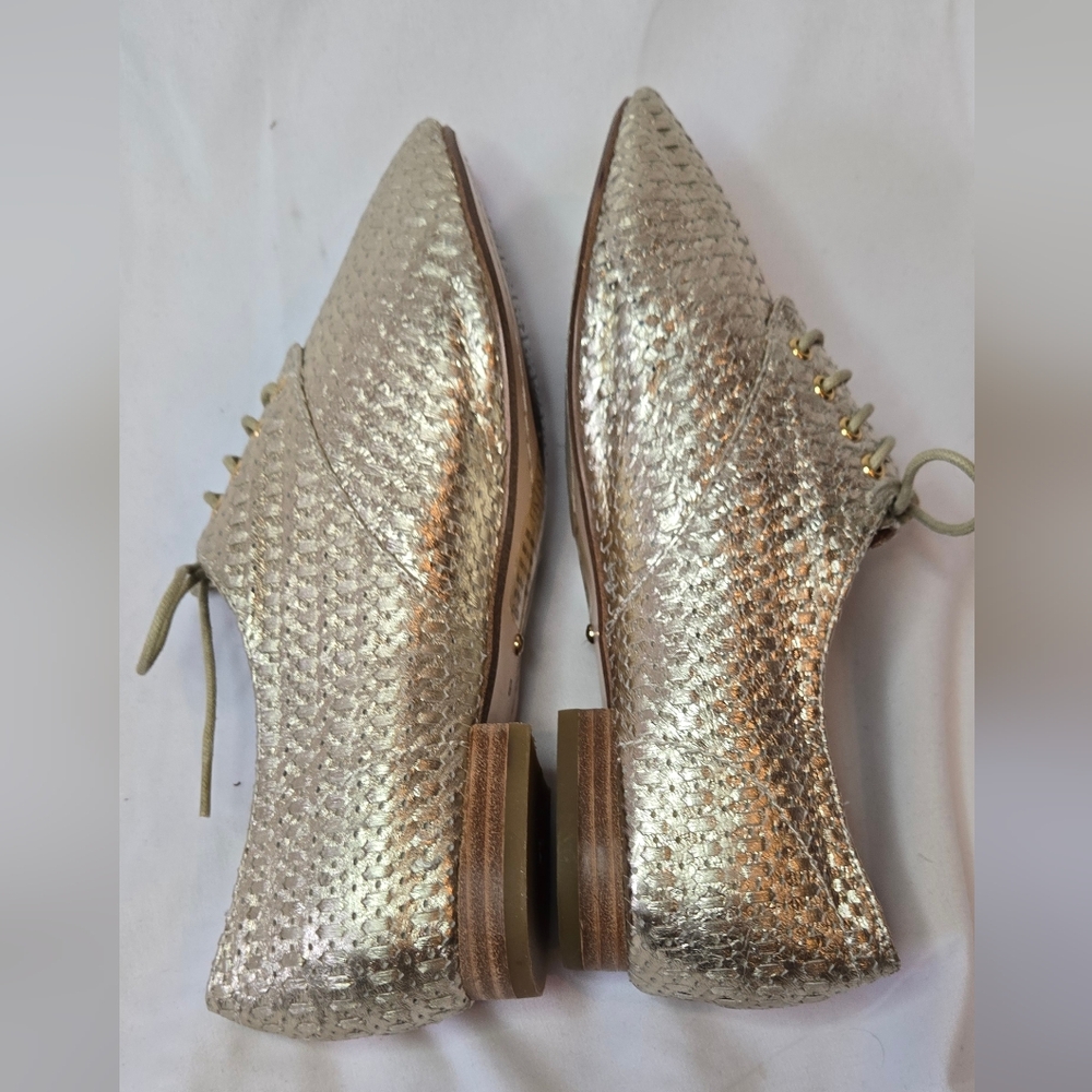 Anthropologie Rowan Reed Newbury Woven Sheep Leather Gold Women's 9 Oxford Shoes - Picture 4 of 9